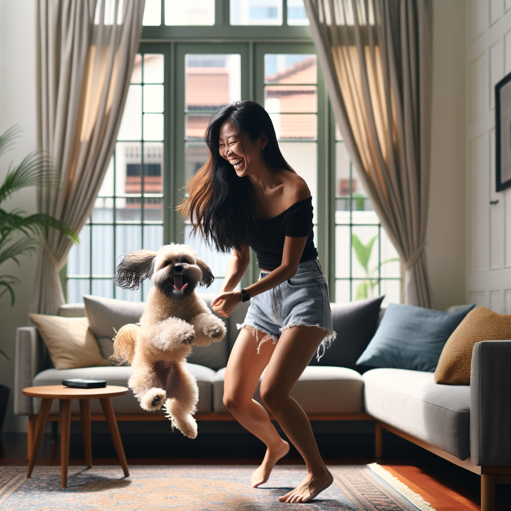 Create a high-resolution image of a pretty Singaporean female in her cozy, well-decorated living room, joyfully playing with her small, energetic dog. The female has long black hair and is wearing a casual, stylish outfit. Use a Canon EOS R5 camera with a 50mm f/1.2L lens. Set the aperture to f/1.2 for a shallow depth of field, ISO 200 for minimal noise, and a shutter speed of 1/200s to capture the playful movement. The lighting should be soft and natural, coming from large windows with sheer curtains, creating a warm and inviting atmosphere. The composition should convey a sense of joy and connection, with the dog in mid-jump and the woman laughing. Ensure that the image is vibrant and sharp, suitable for use in a website and marketing brochures.