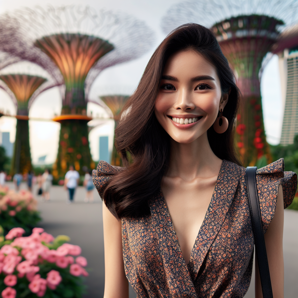 Create a high-resolution, professional-quality image of a pretty Singaporean female standing in the stunning Gardens by the Bay in Singapore. She should be dressed in a stylish, modern outfit, with a warm smile, surrounded by the iconic Supertree Grove and vibrant floral displays. The image should emulate the quality of a photograph taken with a Canon EOS R5 camera, paired with an RF 50mm f/1.2L lens. Use settings of ISO 100, aperture at f/2.8 to achieve a shallow depth of field, and a shutter speed of 1/200 sec to capture the details crisply. The lighting should be natural, bright, and diffused, mimicking the soft glow of early morning or golden hour sunlight. Focus on vibrant colors and sharp details to ensure the image is suitable for a website and marketing brochures, reflecting a professional photographic style.