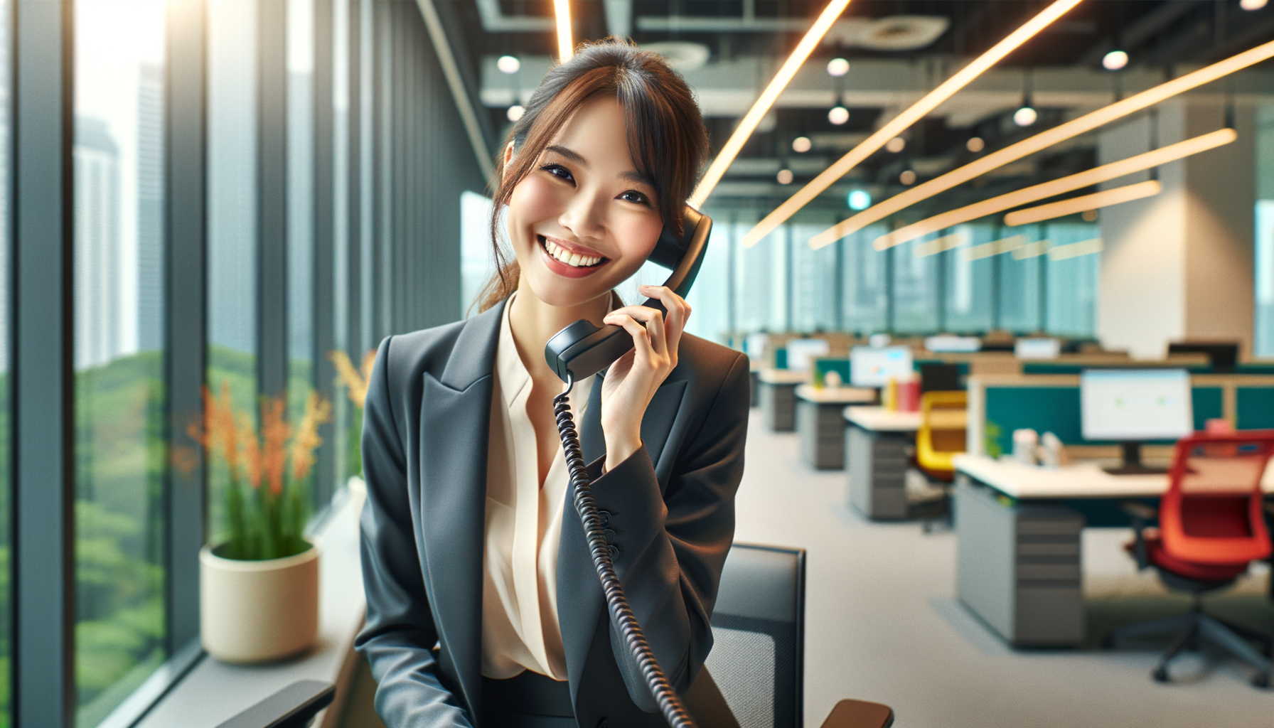 Create a professional, high-resolution image of a pretty Singaporean woman in a modern office setting, actively answering calls. She has a friendly and engaging expression, wearing business attire. The office is sleek and contemporary, featuring glass walls, ergonomic furniture, and a vibrant color palette. For optimal realism and quality, imagine this image as if taken with a Canon EOS-1D X Mark III DSLR camera, using a Canon EF 24-70mm f/2.8L II USM lens. Settings should include an aperture of f/2.8 for a shallow depth of field to emphasize the subject while softly blurring the background, an ISO of 200 for clear image quality, and a shutter speed of 1/125 sec to capture motion. Lighting should be bright and natural, coming from large windows, complemented by soft diffused fluorescent lights overhead to create a well-lit, inviting atmosphere. Ensure the image is sharp, vibrant, and suitable for use in a professional website and marketing brochures.