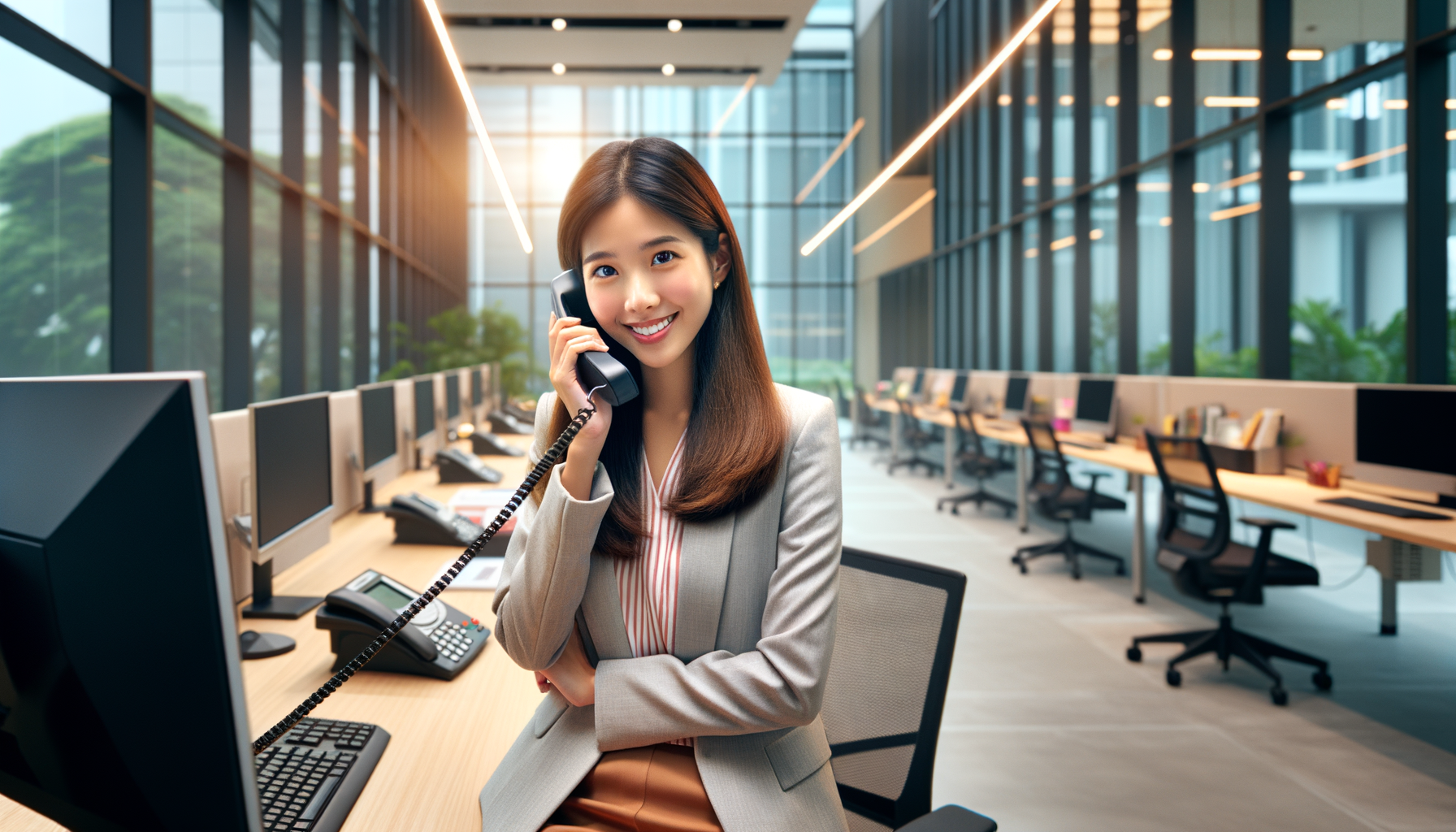 Create a professional, high-resolution image of a pretty Singaporean woman in a modern office setting, actively answering calls. She has a friendly and engaging expression, wearing business attire. The office is sleek and contemporary, featuring glass walls, ergonomic furniture, and a vibrant color palette. For optimal realism and quality, imagine this image as if taken with a Canon EOS-1D X Mark III DSLR camera, using a Canon EF 24-70mm f/2.8L II USM lens. Settings should include an aperture of f/2.8 for a shallow depth of field to emphasize the subject while softly blurring the background, an ISO of 200 for clear image quality, and a shutter speed of 1/125 sec to capture motion. Lighting should be bright and natural, coming from large windows, complemented by soft diffused fluorescent lights overhead to create a well-lit, inviting atmosphere. Ensure the image is sharp, vibrant, and suitable for use in a professional website and marketing brochures.