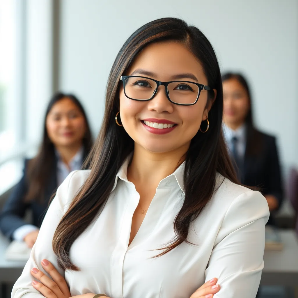 Singaporean female executive for management team page in office background headshot