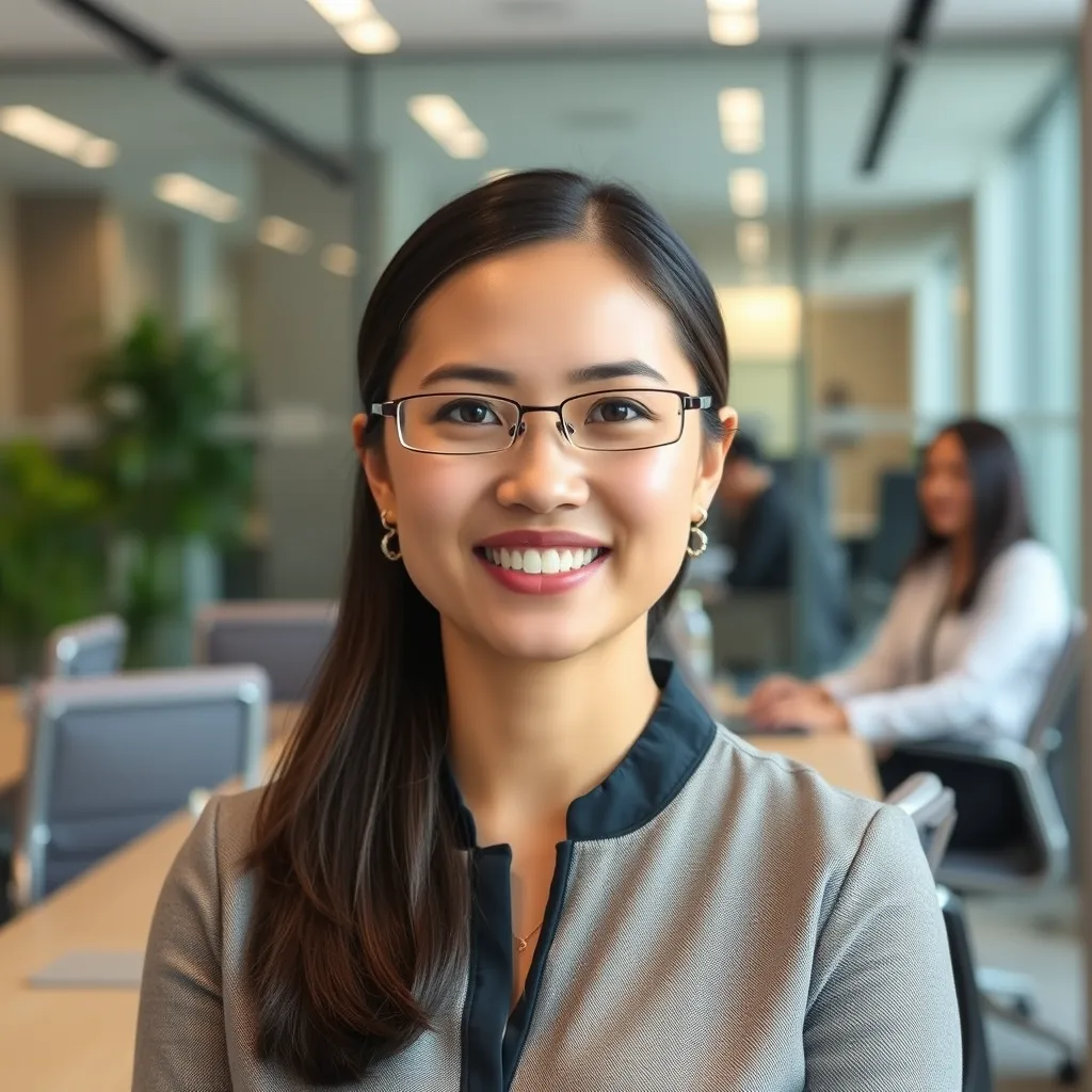 Singaporean female executive for management team page in office background headshot