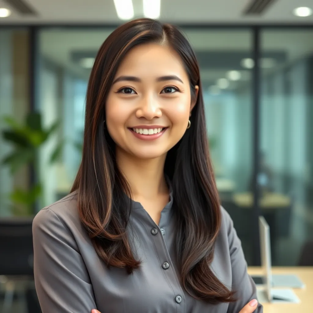 Singaporean female executive for management team page in office background headshot