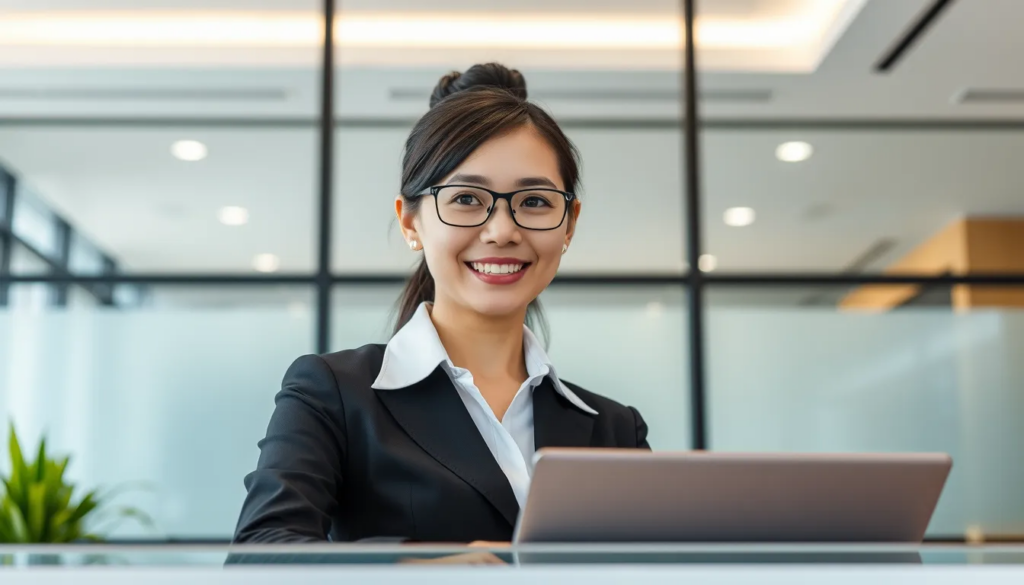 Singaporean receptionist in a modern office