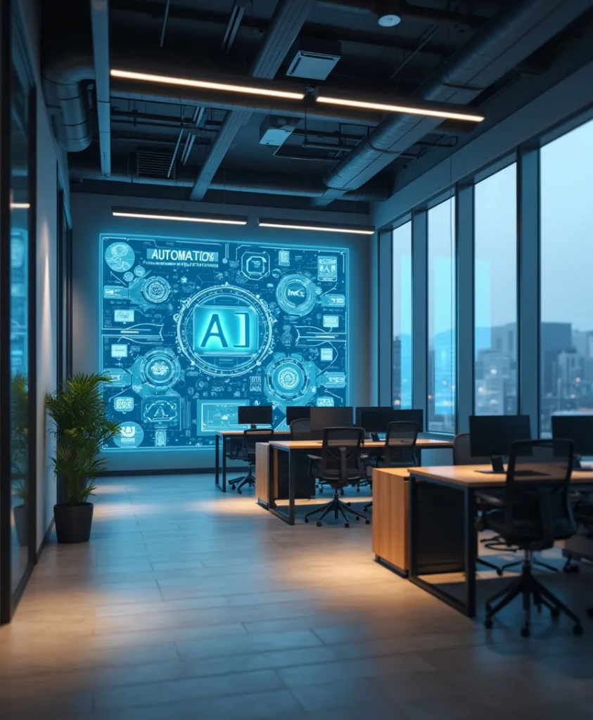 Photorealistic image showcasing AI automation in a Singapore modern office with these words "Time Saved", "Increased Revenue" and "Happy Customers".