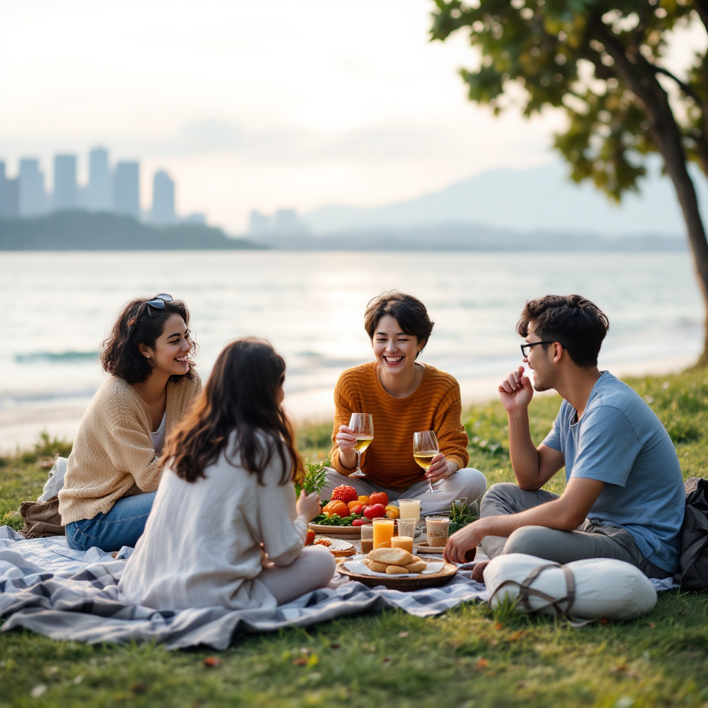 A group of Singaporean friends at a picnic by the beach
